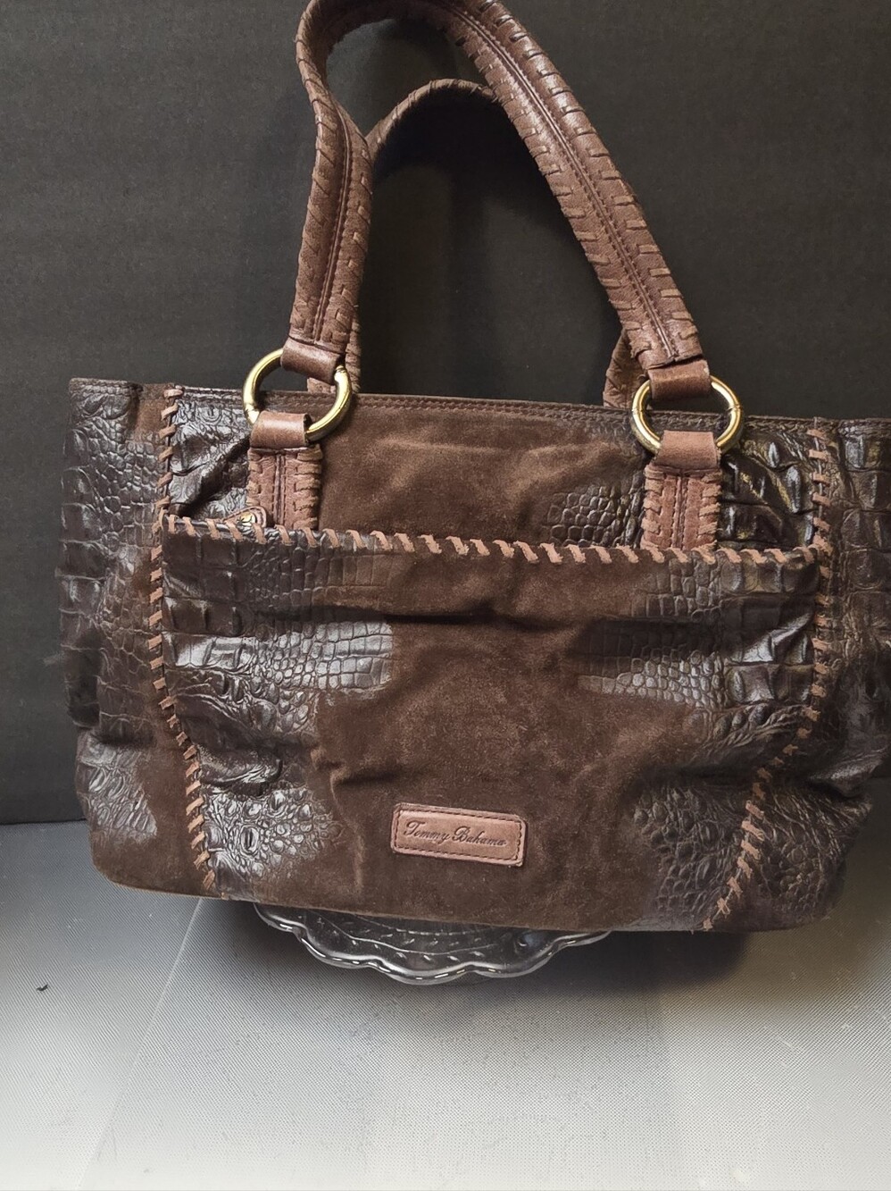Tommy Bahama Expresso Suede Leather Croc-Textured Shoulder Bag Rare Retired Htf